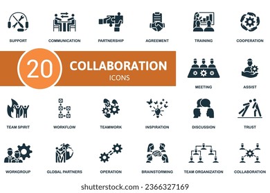 Collaboration set. Creative icons: support, communication, partnership, agreement, training, cooperation, meeting, assist, team spirit, workflow, teamwork, inspiration, discussion, trust, workgroup