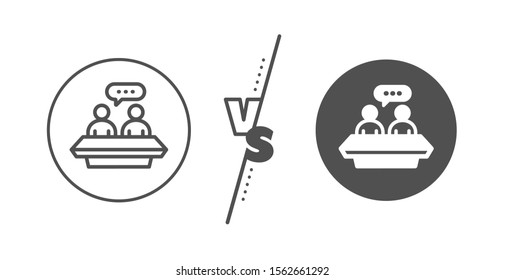 Collaboration sign. Versus concept. Employees talk line icon. Development partners symbol. Line vs classic employees talk icon. Vector
