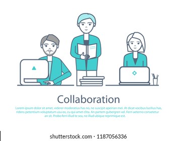 Collaboration smart people with laptops and documentation vector. Teamwork of males and female, workers analyzing data and give information on pages