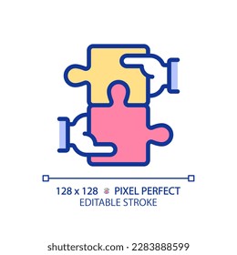 Collaboration for STEM pixel perfect RGB color icon. Students teamwork over project. Innovative education technology. Isolated vector illustration. Simple filled line drawing. Editable stroke