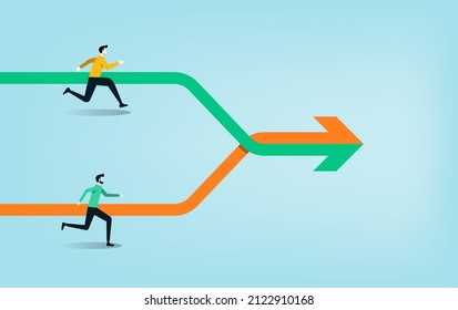 Collaboration synergy work together. Joint alliance and merger, team and partnership. Businessmen running to join direction together to succeed target 