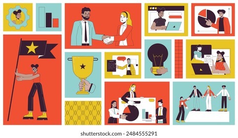 Collaboration team members bento grid illustration set. Project management 2D vector image collage design graphics collection. Corporate workers multinational flat characters moodboard layout