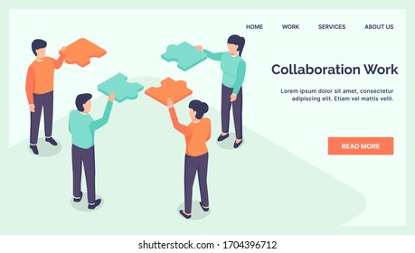 Business-Jigsaw für Zusammenarbeit bei der Landung der Website-Homepage mit isometrischem Stil