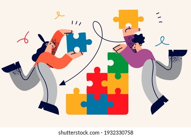 Collaboration, Teamwork, cooperation in business concept. Young business partners cartoon characters making whole picture of puzzle pieces reaching goals together vector illustration 