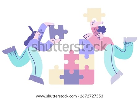Collaboration, Teamwork, cooperation in business concept. Young business partners cartoon characters making whole picture of puzzle pieces reaching goals together vector illustration