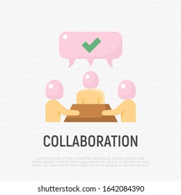 Collaboration, teamwork flat icon: people at brainstorm. Successful communication. Modern vector illustration.