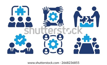 Collaboration and teamwork icon set. Partnership, unity, leadership, meeting and cooperation symbols for business and communication. Solid vector icons collection.