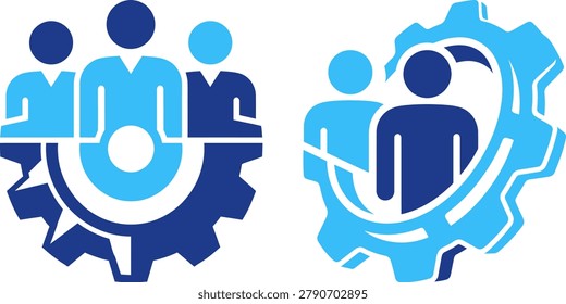 Collaboration, teamwork, industry. People silhouettes within gear mechanism, representing unity and work.