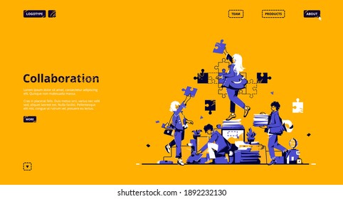 Collaboration and teamwork landing page. Concept of partnership, support and communication in business. Vector flat illustration with people assembling jigsaw with puzzle pieces together