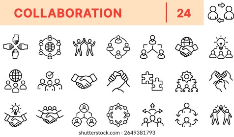 Collaboration and Teamwork Line Icon Set mit Handshake, Teamkreis, Puzzleteil, Glühbirnenidee, Gruppendiskussion, Netzwerk, Einheit, Partnerschaft, globaler Zusammenarbeit und Brainstorm Icon Design