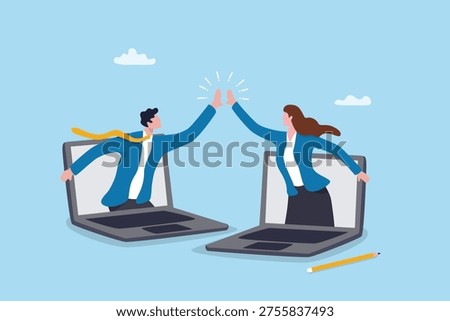 Collaboration teamwork on remote work technology, virtual office meeting online, team communication connection or online discussion, business colleagues high five hand from online computer laptop.