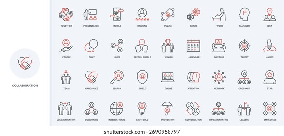Colaboración y trabajo en equipo, comunicación de chat en línea en equipo internacional, presentación de ideas línea conjunto de iconos. Apretón de manos de la Ilustración vectorial delgada de los símbolos del contorno negro y rojo de la sociedad
