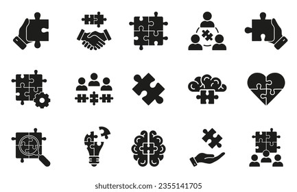 Collaboration and Teamwork Silhouette Icon Set. Puzzle Jigsaw Together Glyph Pictogram. Team Building, Unity, Success Partnership. Find Solution Solid Symbol. Isolated Vector Illustration.