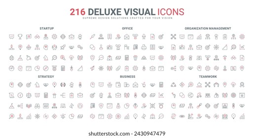 Collaboration, teamwork for success and business agreements, startup line icons set. Search for strategy and ideas, time management, office communication thin black and red symbols vector illustration