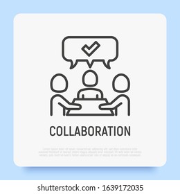 Collaboration, teamwork thin line icon: people at brainstorm. Successful communication. Modern vector illustration.