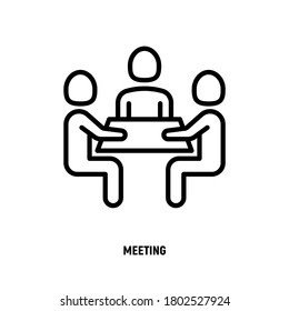 Collaboration, teamwork thin line icon: people at brainstorm. Meeting, people sitting at desk. Successful communication. Modern vector illustration.