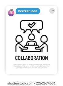 Icono de la línea delgada de colaboración, trabajo en equipo: gente en una tormenta de ideas. Comunicación correcta. Ilustración vectorial moderna.