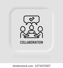 Zusammenarbeit, Teamwork, Thin-line-Symbol: Menschen im Brainstorm. Erfolgreiche Kommunikation. Moderne Vektorgrafik.