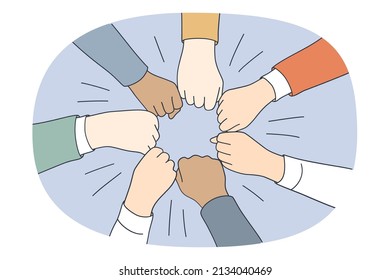 Collaboration Teamwork And Unity Concept. Top View Of Diverse Multi Racial Group Of People Pulling Fists Together In Circle Meaning Togetherness And Tolerance Vector Illustration 