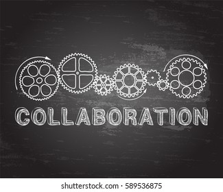 Collaboration text with gear wheels hand drawn on blackboard background
