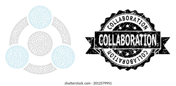 Estructura de malla texturizada de colaboración y de colaboración vectorial. El sello negro contiene la etiqueta Colaboración dentro de la cinta y rosette. Resumen de la colaboración en malla plana, construida a partir de malla plana.
