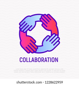 Collaboration thin line icon: four hands holding each other. Modern vector illustration of teamwork, support, partnership.