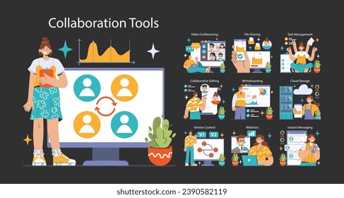 Collaboration tools dark or night mode set. Diverse professionals using technology for teamwork. Video conferencing, cloud storage, task management. Enhancing productivity. Flat vector illustration