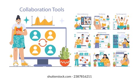 Collaboration tools set. Business characters showcasing version control, woman attending online webinars, texting via instant messaging. Seamless teamwork, digital communication. vector illustration