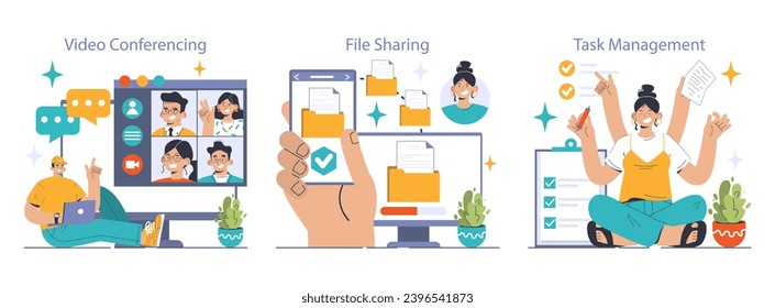 Conjunto de herramientas de colaboración. Personajes de negocios que asisten a seminarios web en línea, mensajes de texto y archivos compartidos. Colaboración de los empleados. Eficaz trabajo en equipo, comunicación digital. Ilustración vectorial plana