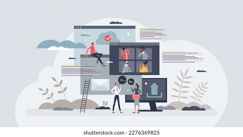 Collaboration tools for team communication or partnership tiny person concept. Company work strategy with remote digital solutions for video call, file exchange and teamwork chats vector illustration