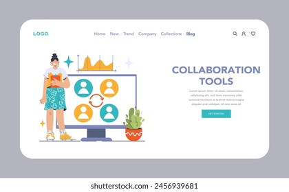 Collaboration Tools web or landing. Woman with tablet near a presentation board, showcasing teamwork performance. Team interactions, efficient communication, work synergy. Flat vector