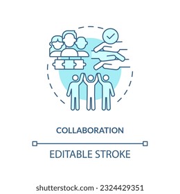 Icono de concepto turquesa de colaboración. Cambio comunitario. Comparte ideas. Solución efectiva. Acción colectiva. Ilustración de línea delgada de idea abstracta de espíritu de equipo. Dibujo de contorno aislado. Trazo editable
