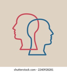 Collaboration. Two intertwined human heads. Interpersonal relationships, empathy, understanding. Line design. Vector illustration.