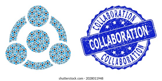 Collaboration unclean round seal imitation and vector recursive mosaic collaboration. Blue seal has Collaboration tag inside round shape. Vector mosaic is done with scattered collaboration items.