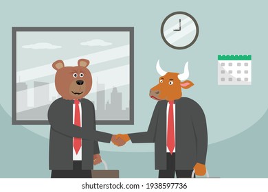 Collaboration vector concepts: Businessmen with bear and bull head shaking hands in the office