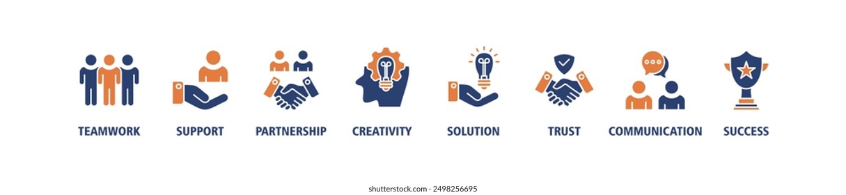 Concepto de Ilustración vectorial del conjunto del icono del Anuncio del Web de la colaboración con el icono del trabajo en equipo, Asistencia, sociedad, creatividad, solución, confianza, comunicación, símbolo de los iconos del éxito