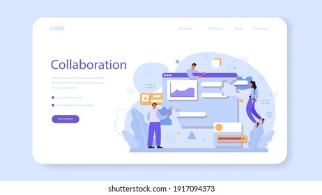Collaboration web banner or landing page. Office characters working in team. Idea of success, teamwork and cooperation. Isolated flat vector illustration
