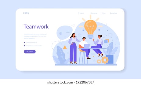 Banner web de colaboración o página de inicio. Personajes de Office trabajando en equipo. Idea de éxito, trabajo en equipo y cooperación. Ilustración vectorial plana aislada