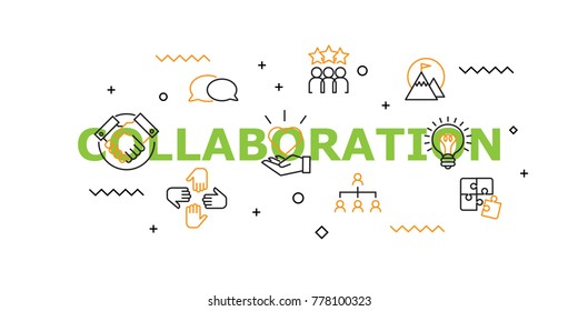 Collaboration Word with Icon Set in Concept of Team and Resource Management. Flat Thin line designed vector illustration on white Background. Editable Stroke.