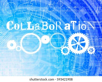 Collaboration word on high tech blueprint and data background
