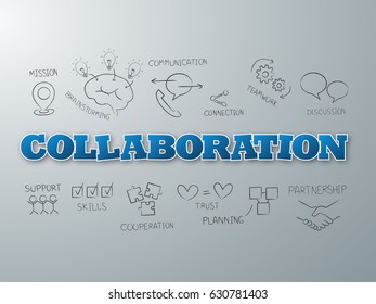 Collaboration word on light blue background. Vector illustration.