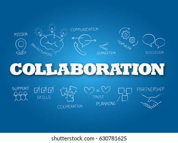 Collaboration word on light blue background. Vector illustration.