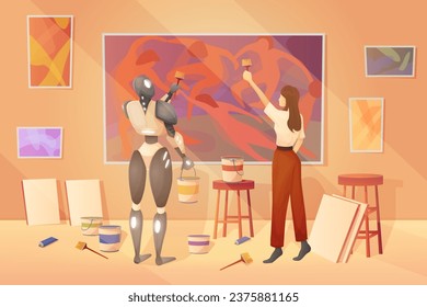 Colaboración entre IA y humanos para generar ilustraciones vectoriales de contenido artístico. Robot de dibujos animados y equipo de pintores humanos sostienen pinceles para pintar la imagen juntos en el interior de un estudio moderno