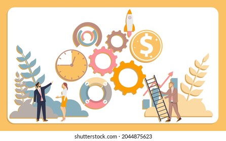 Collaboration and work operations. Collective labor productivity. Work processes for success. Vector illustration. Vector.