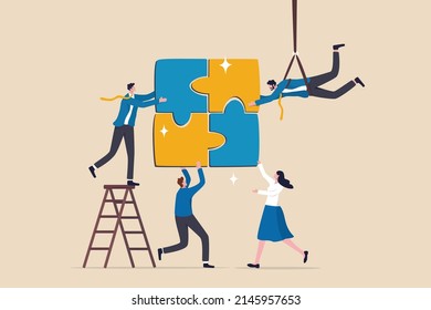 Collaboration work together to solve problem, teamwork unite together to achieve success, connected people or community help finding solution concept, business people team succeed solve jigsaw puzzle.