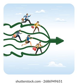 Colaboração ou conceito de trabalho em conjunto para atingir o objetivo. Empresários correndo em seu caminho para se fundir em uma direção forte.