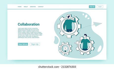 Collaboration.People work together to solve business problems.An illustration in the style of a green landing page.