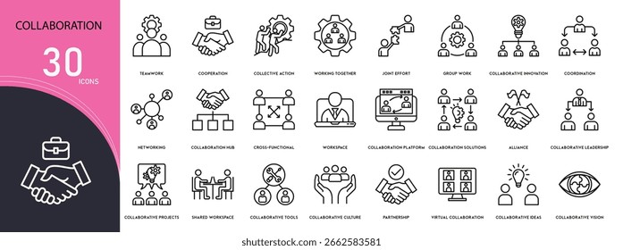 Kollektionen mit Icons für die Zusammenarbeit. Umfasst Symbole für Teamarbeit, Ideen, Besprechungen, Kontakte, Personen, Strategie, Diskussion und Partnerschaft. Gliederungssymbole.