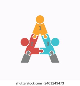 Logotipo de icono de logro colaborativo - Figuras estilizadas sobre piezas de rompecabezas entrelazadas formando una carta A que simboliza el trabajo en equipo y la consecución de los objetivos