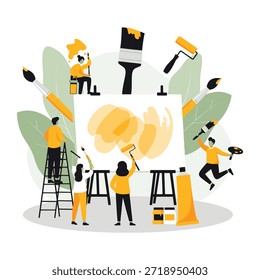 Collaborative artwork with creative team painting on a large canvas together